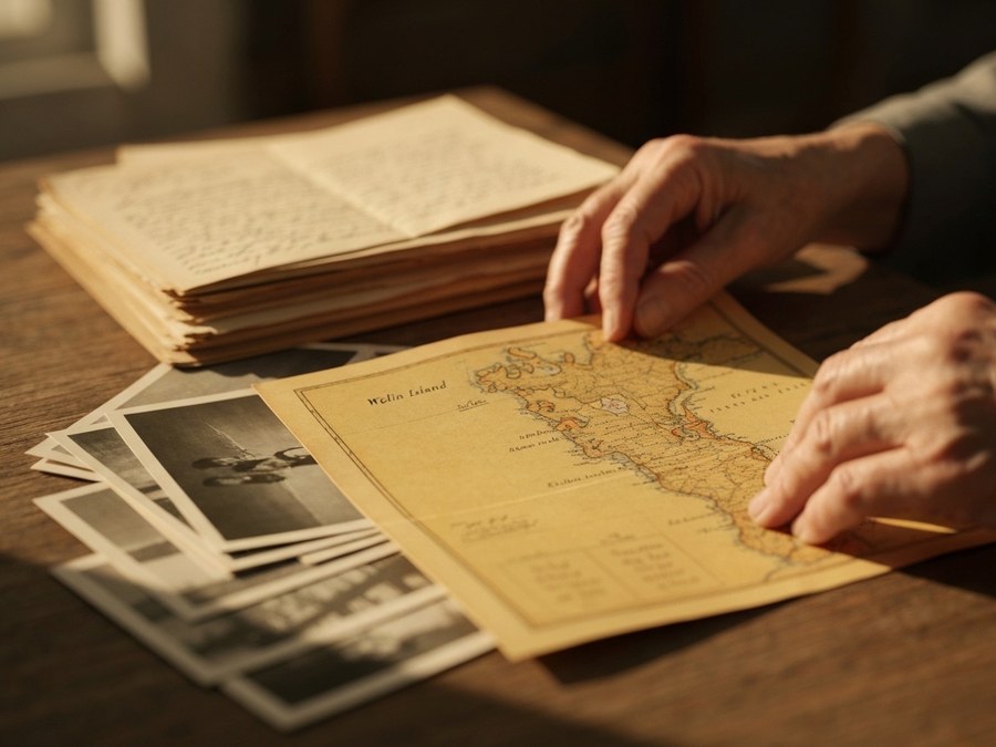 Zeszyt z odręcznymi notatkami i starymi fotografiami, symbolizujący osobiste historie Wolin
